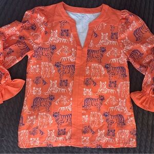 Womens Orange Tiger Print Top - Breathable Long Sleeve Blouse